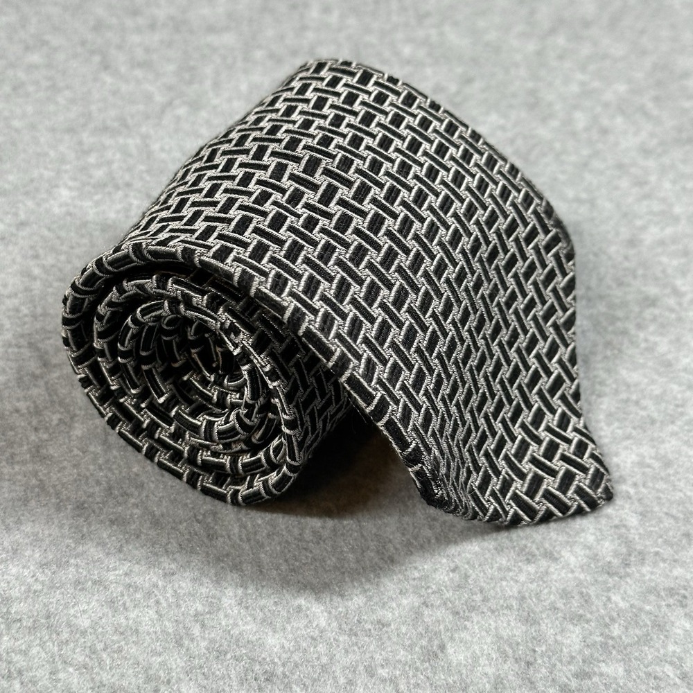 Vintage Geoffrey Beene Silk‎ Tie Black Silver Geometric USA Designer 90s 59x3.75